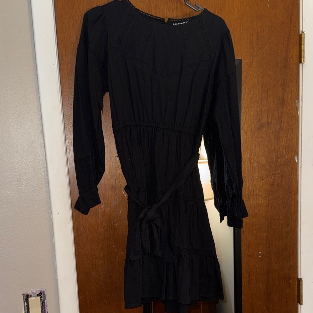 One Loved Babe Powell Dress - Black Long-Sleeve Tiered Dress with Waist Tie